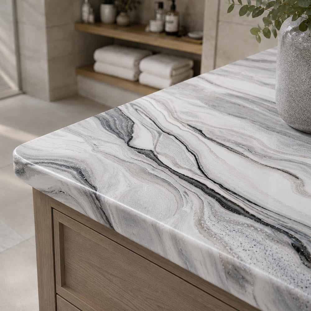 APEX white marble bathroom vanity counter with plant