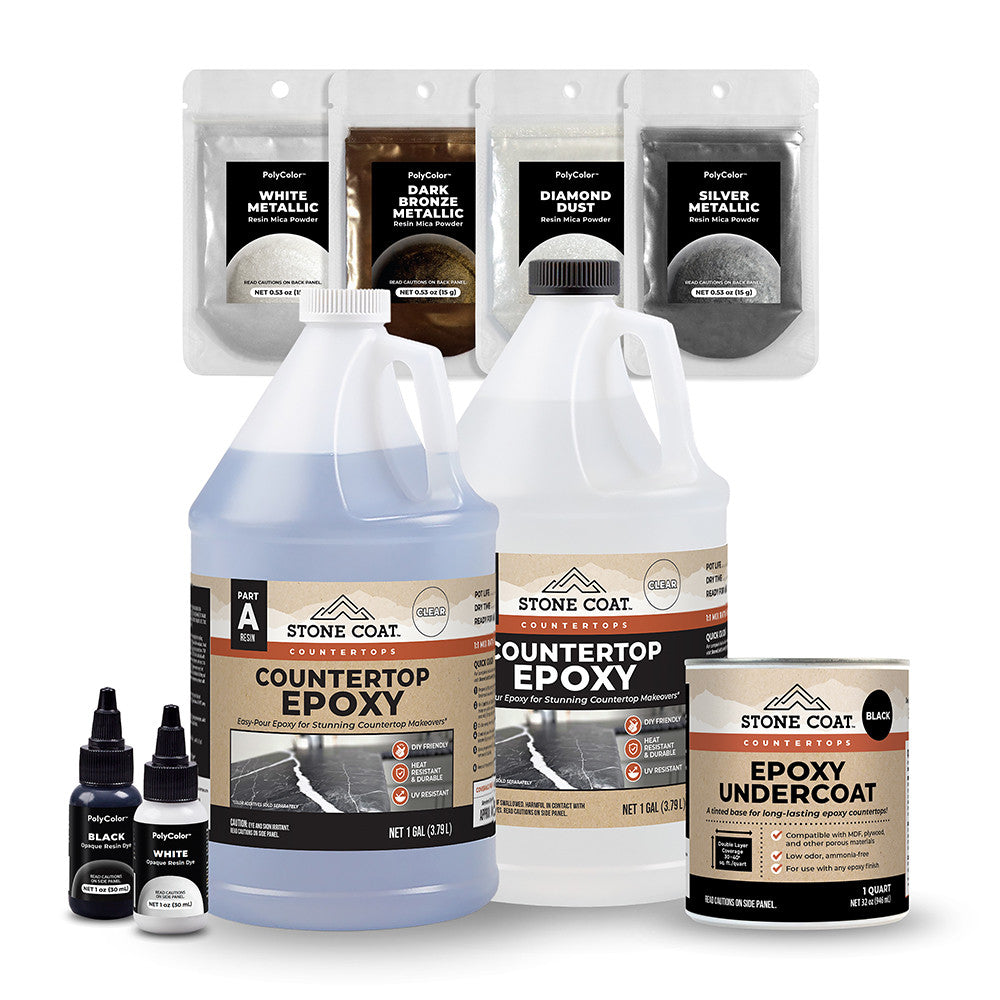 Black Exotic Marble kit components for creating new DIY friendly countertops over old surfaces.