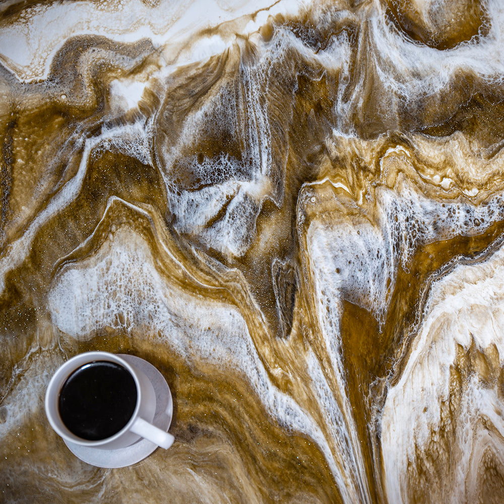 Caramel Marble Countertop with a cup of coffee