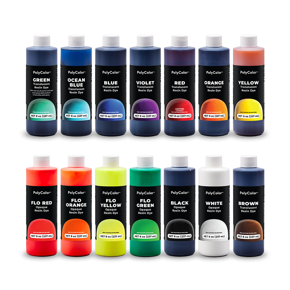 PolyColor Dyes 8oz bottles in various colors for countertop applications