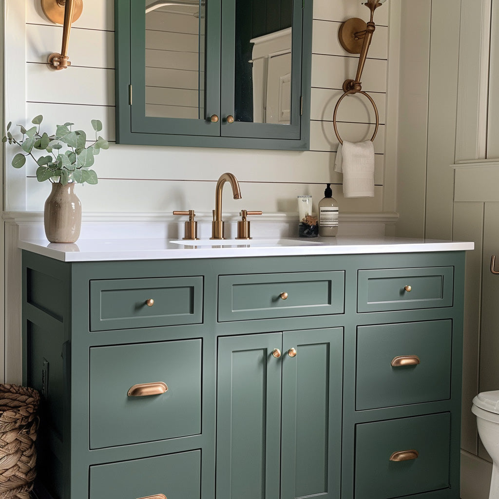Bathroom vanity with Midnight Cyprus stone countertop.