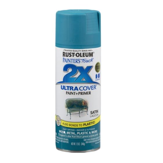 Satin Lagoon spray paint can with a smooth, blue-green finish