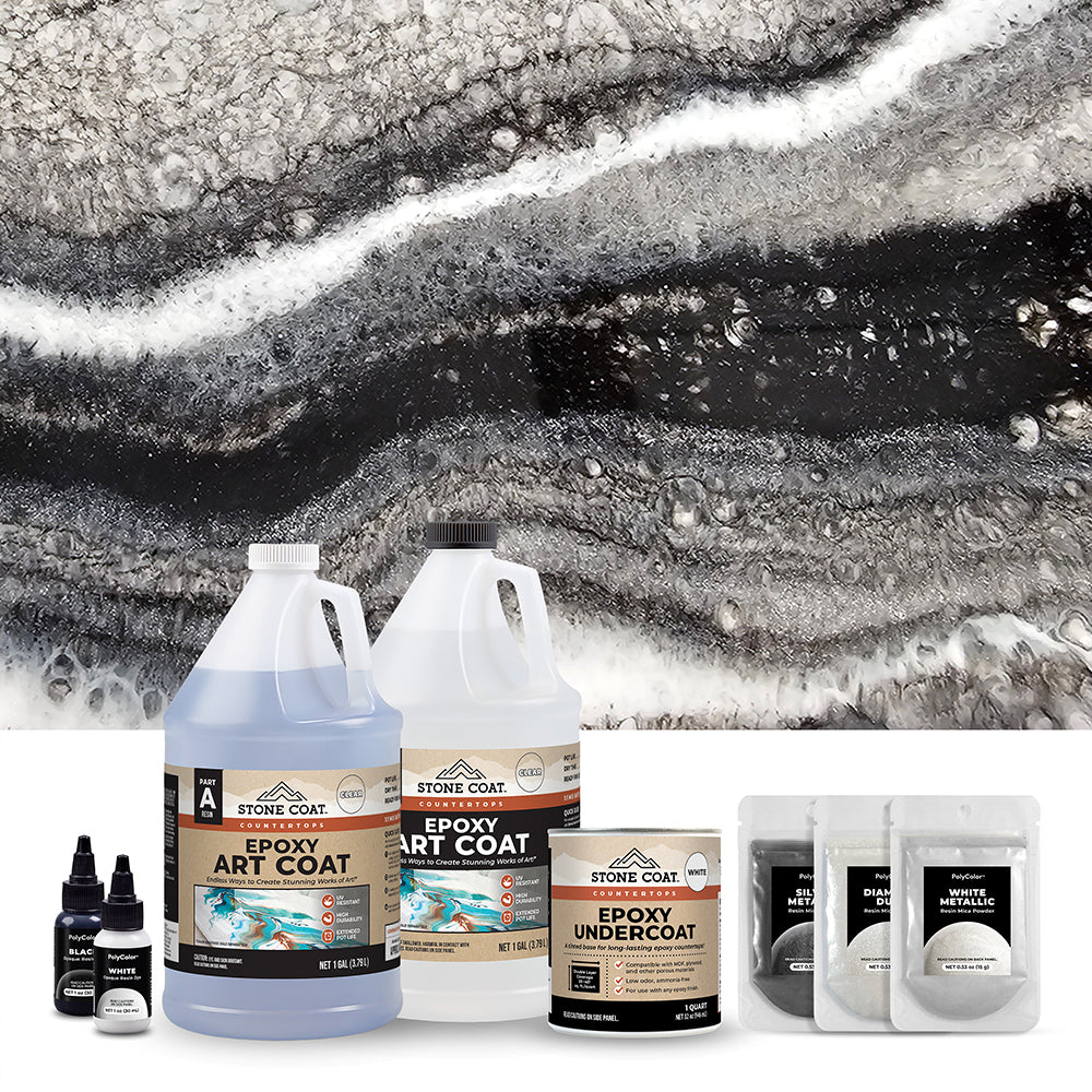 Swatch of white exotic marble epoxy finish from Stone Coat Countertops' 2-gallon kit