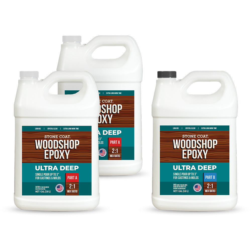 3 gallon kit of Stone Coat Woodshop Epoxy Ultra Deep Epoxy on a white background