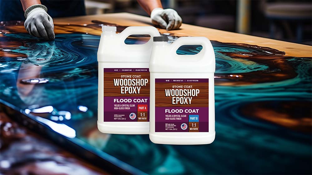 Two bottles of Woodshop Epoxy Flood Coat on a finished epoxy surface.