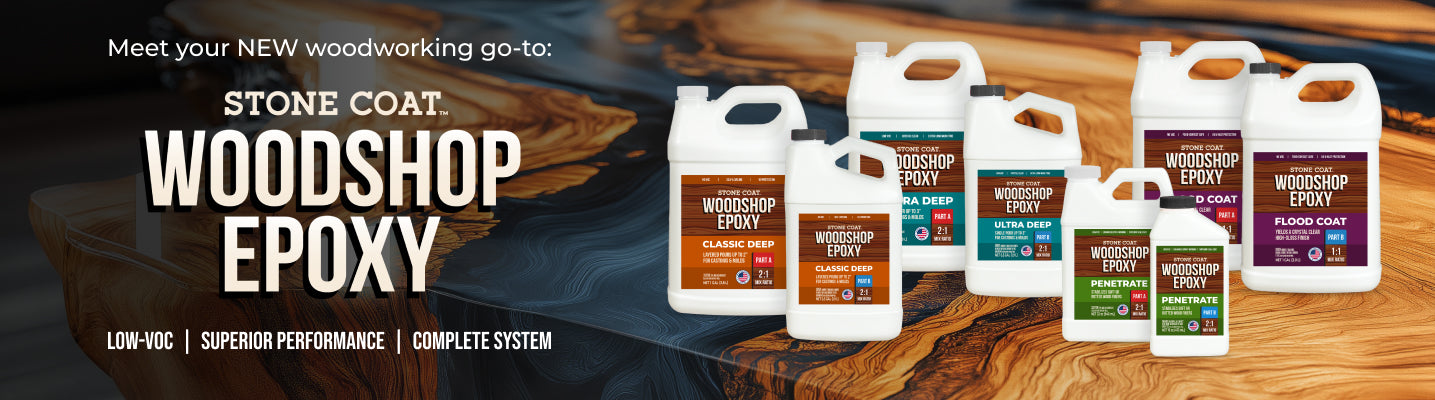 Stone Coat Woodshop Epoxy products on a wooden surface with promotional text.