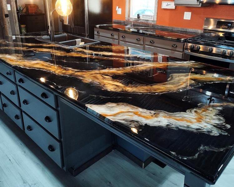 blackand gold epoxy kitchen island