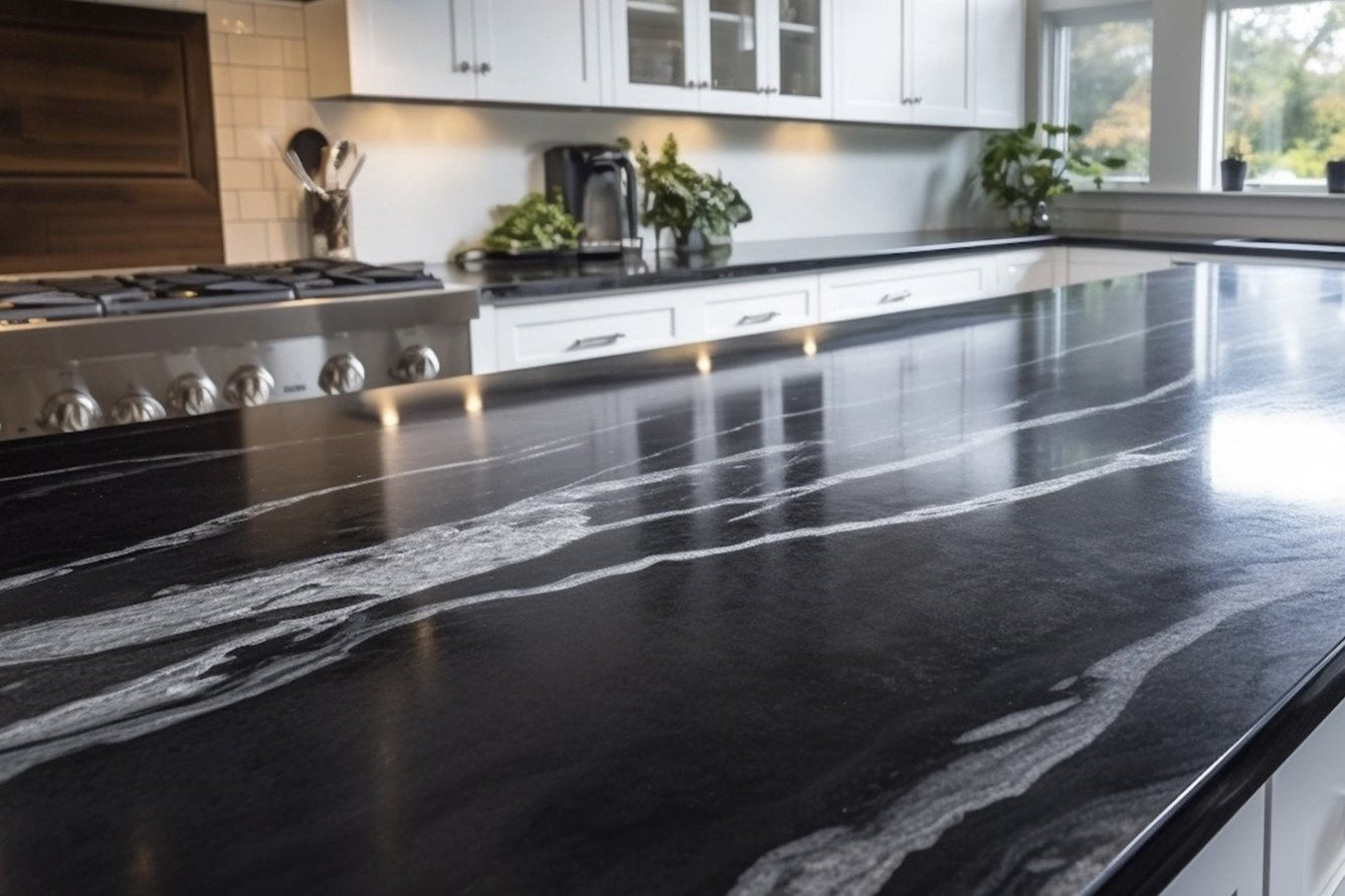 Black epoxy countertop finish applied over old tiles, showcasing a smooth and glossy surface