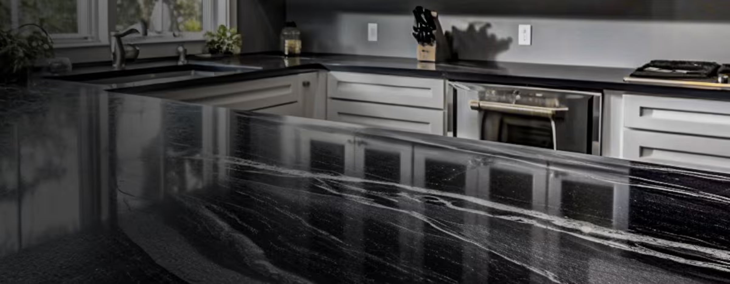 Black marble countertop in a a kitchen