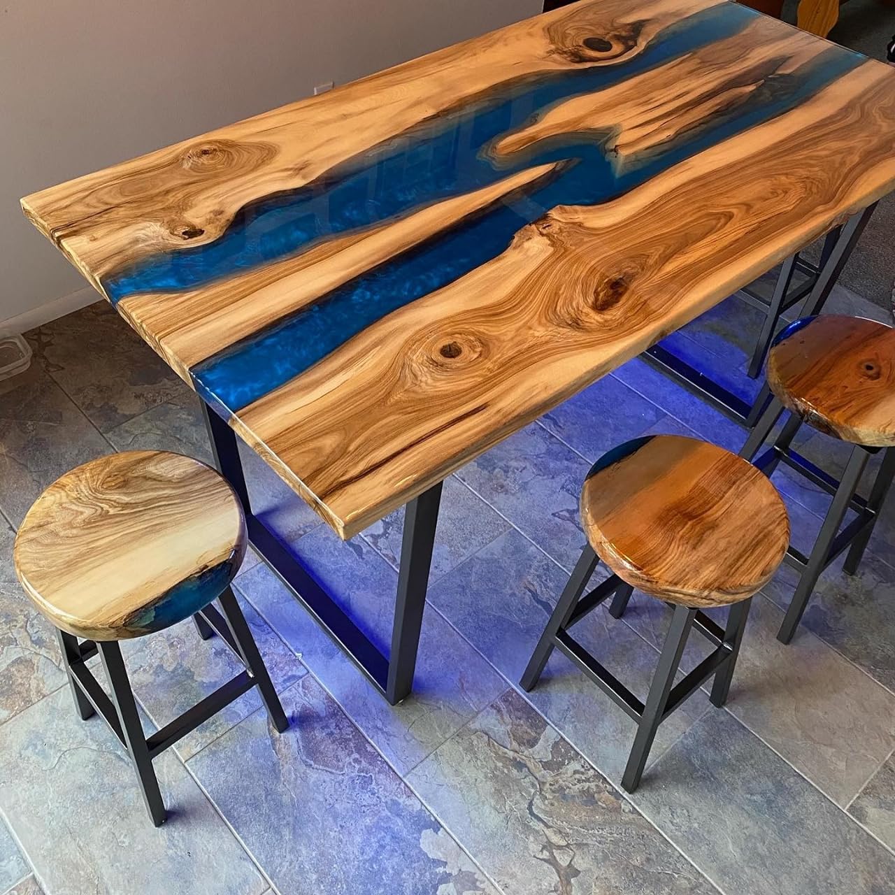 Blue river table with matching bar stools