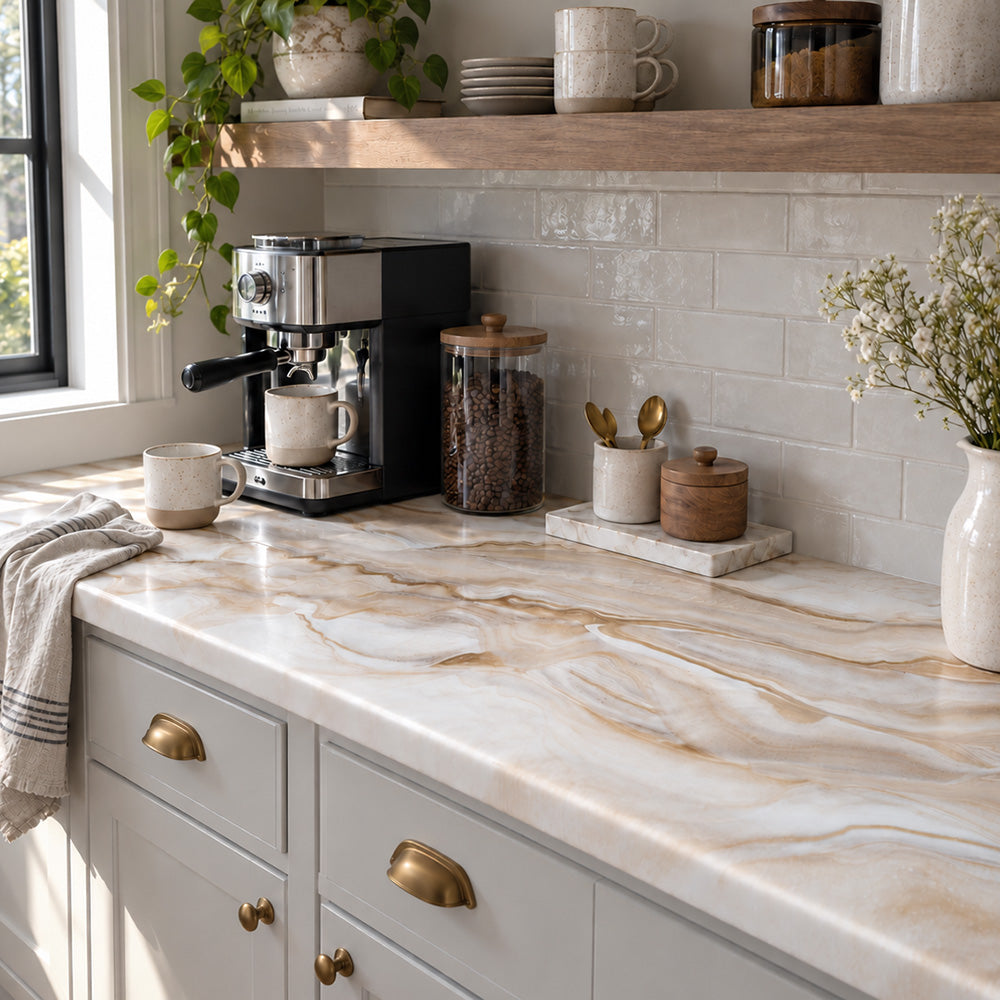 A cream and caramel marble polyaspartic countertop with a coffee pot, coffee beans, spoons and a cream subway tile backsplash.