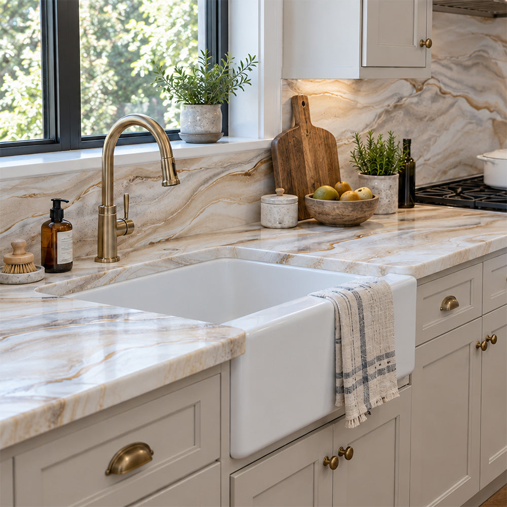 A modern farmhouse-style kitchen featuring a white apron-front double sink, a brushed brass gooseneck faucet, and a white and marble countertop and backsplash with gold-toned hardware.