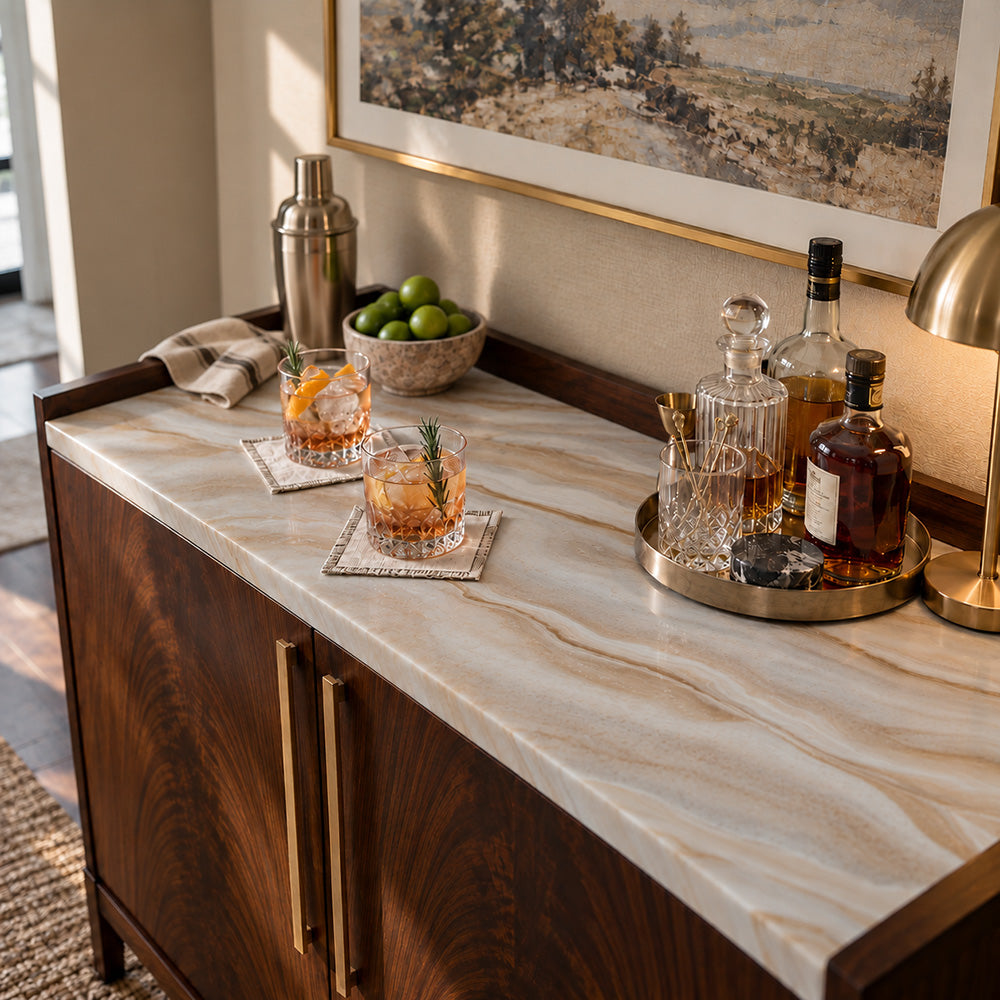 Caramel marble inspired bar top with cocktail glasses, a cocktail shaker and liquor bottles.