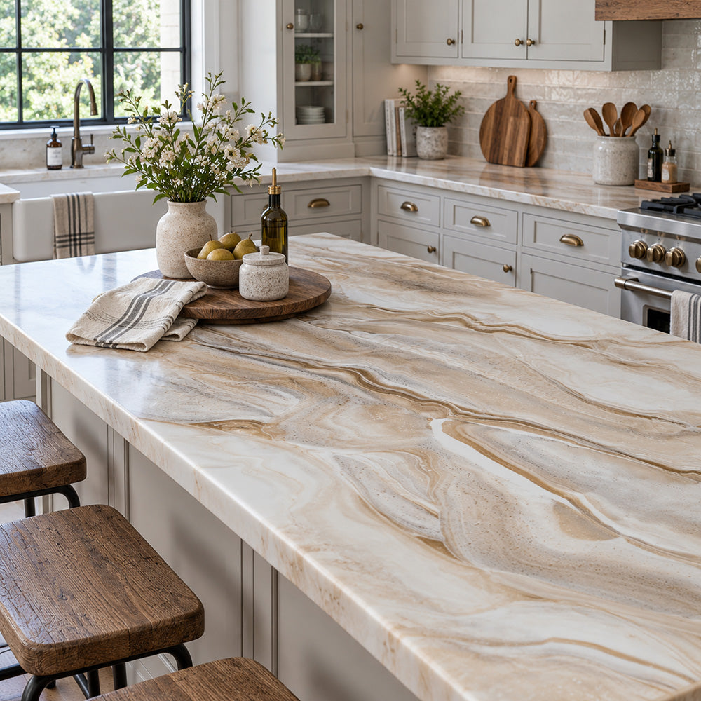 A kitchen island with a large beige marble-look countertop featuring natural tan veining, set in a bright modern kitchen with white cabinets, wooden stools, and decorative items.