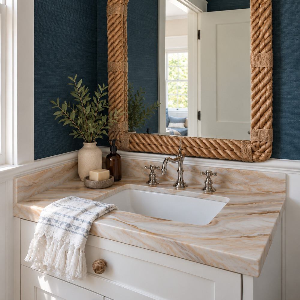 A styled bathroom vanity featuring a cream and beige marble countertop with an undermount sink, polished chrome faucet, and a white cabinet. A white fringed towel rests on the counter, next to a vase of greenery and a dark amber bottle.