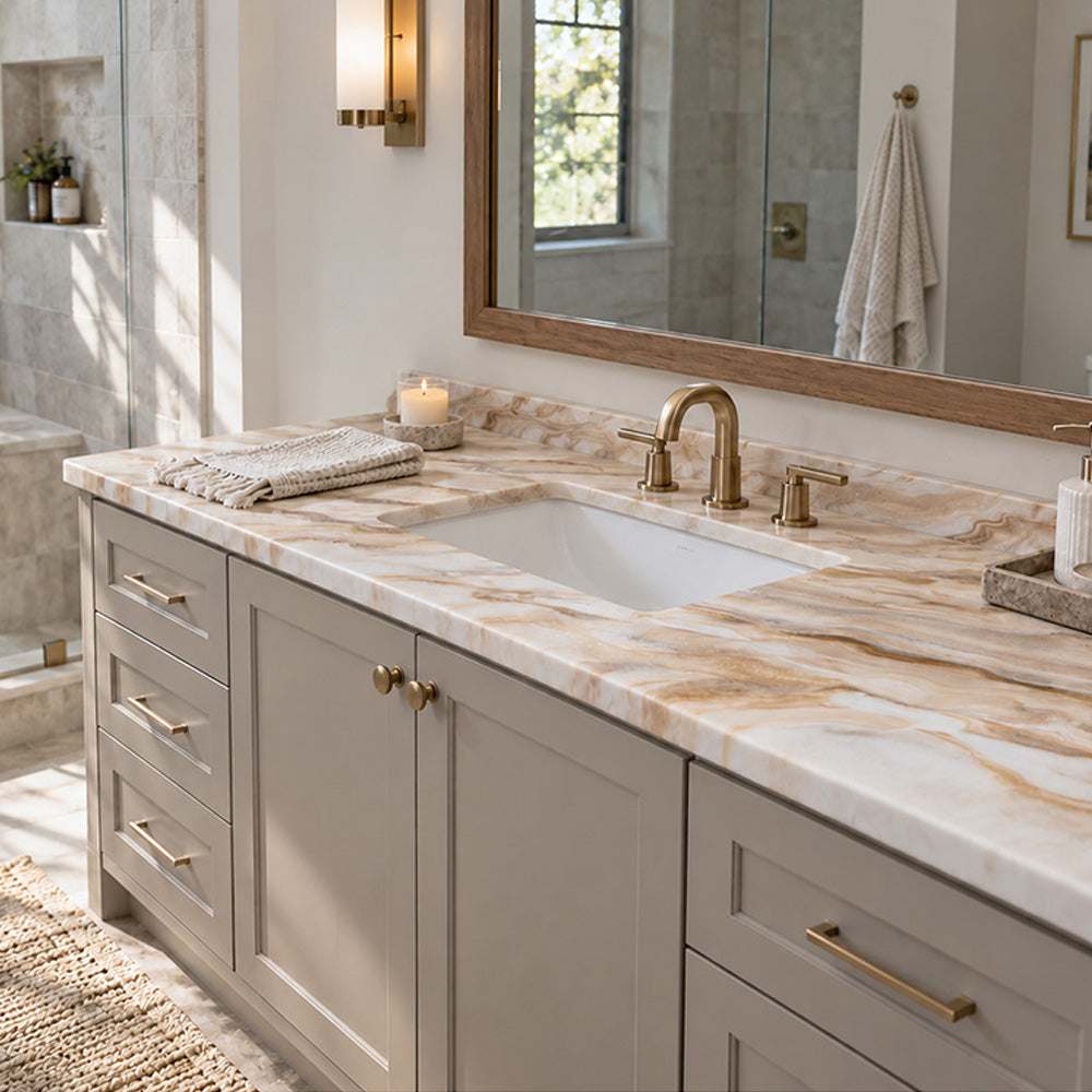 Cream and caramel marble bathroom vanity top with neutral decor and gold fixtures.