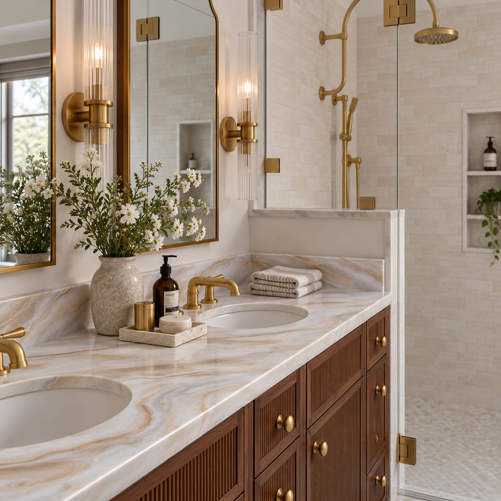 A double-sink bathroom vanity with a white caramel marble polyaspartic countertop, dark wood cabinets, and brass hardware, shown in a bright, modern bathroom with a glass shower enclosure and gold fixtures.