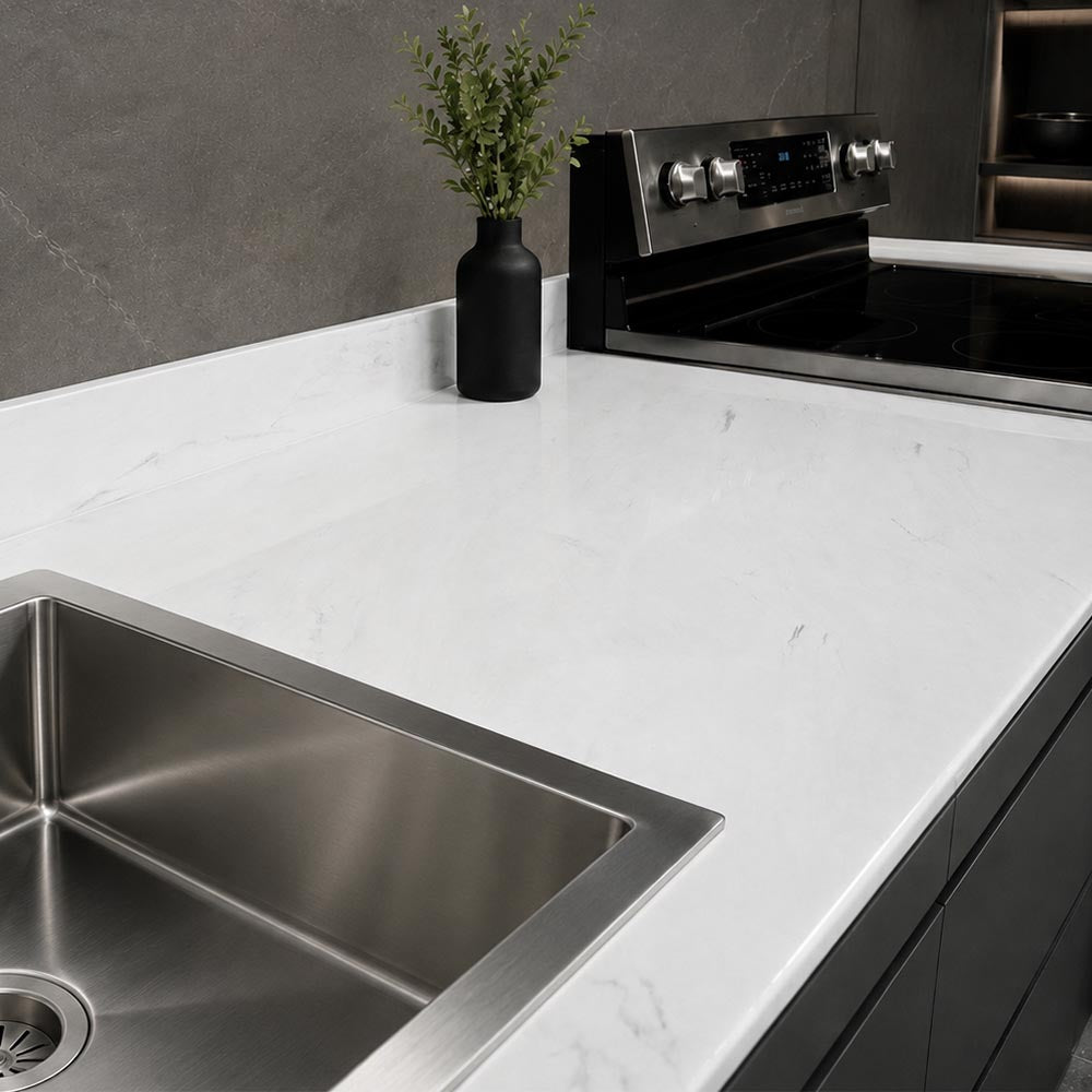 Modern kitchen with stainless steel sink, stove, and decorative plant on a carrara marble epoxy countertop.