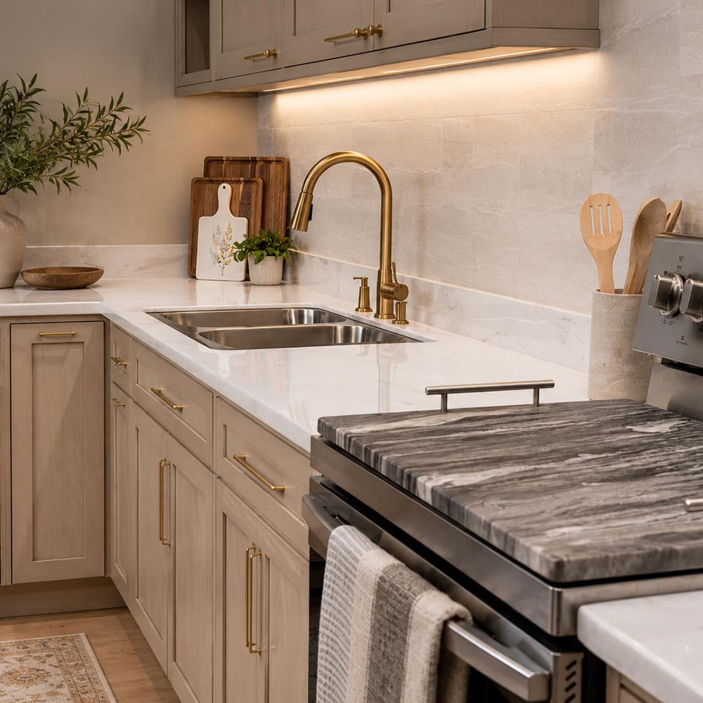 Modern kitchen with carrara marble countertop, gold fixtures, and wooden utensils.