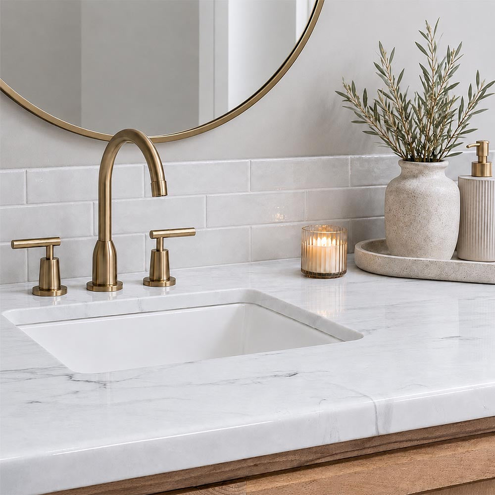 Bathroom vanity with carrara marble countertop, gold faucet, and decorative elements.