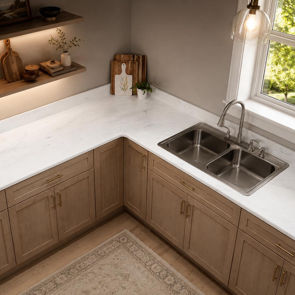 Modern kitchen with APEX Carrara marble countertop, stainless steel sink, and wooden cabinets.