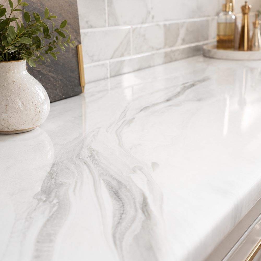 White exotic polyaspartic countertop with kitchen accessories