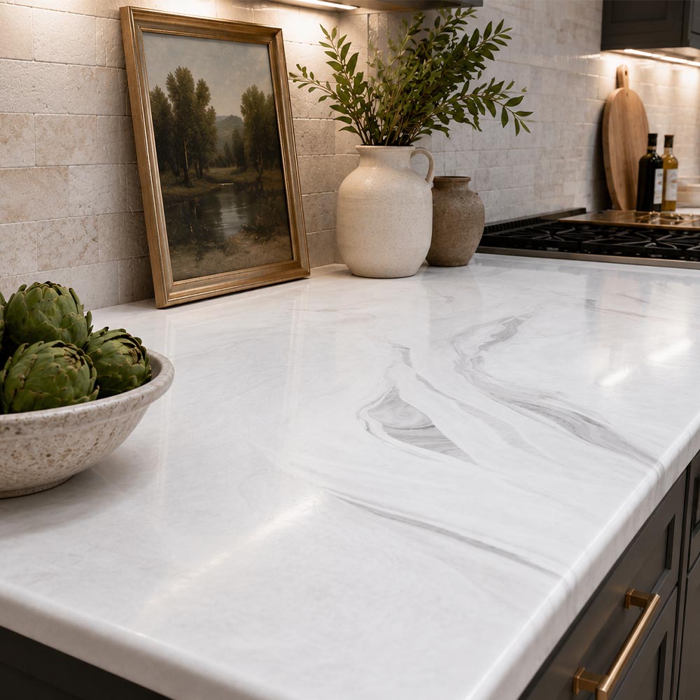 white marble kitchen counter with bowl and decor items