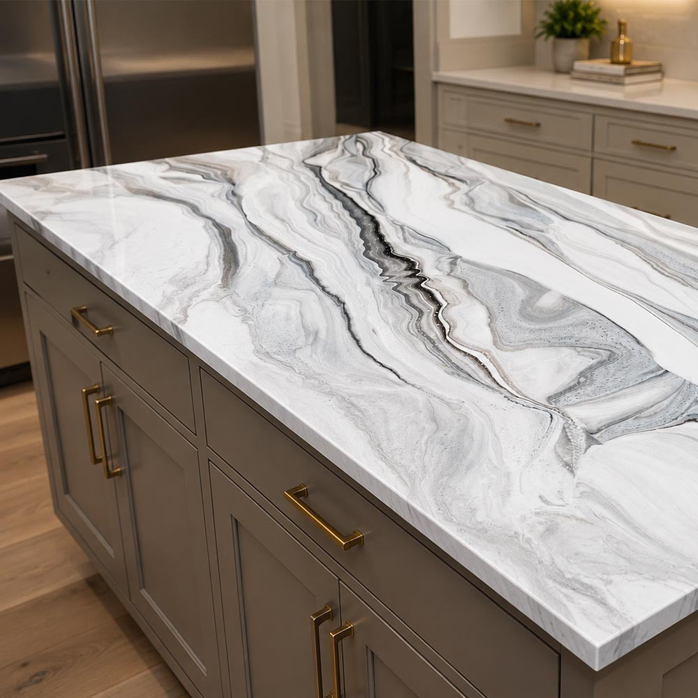 white marble polyaspartic countertop in kitchen