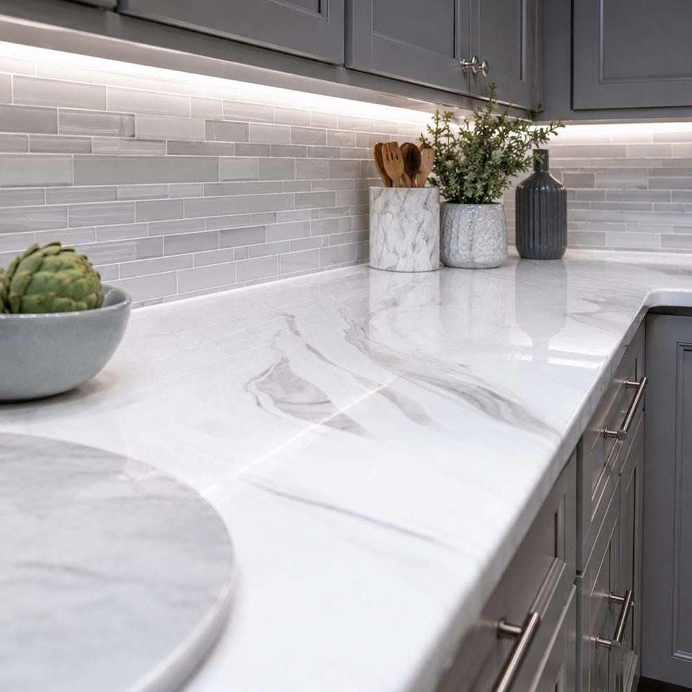 polyaspartic exotic white marble kitchen counter with decor items