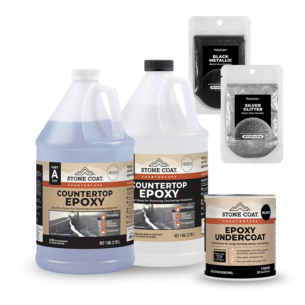 Discover an affordable alternative to pricey Black Galaxy Granite! Stone Coat Epoxy's all-inclusive DIY kit offers heat and scratch resistance, FDA-approved for food contact. Transform your space with stunning Black Galaxy epoxy countertops. Unleash your 
