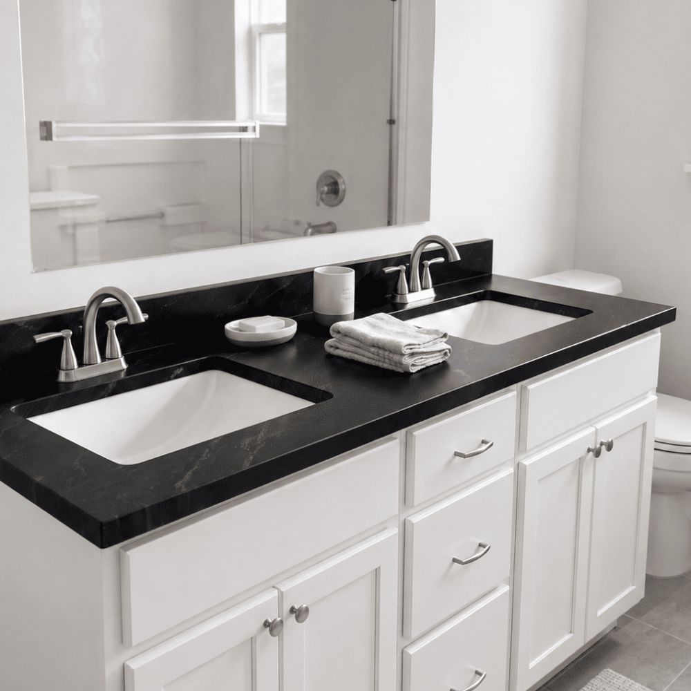 A modern white double-sink bathroom vanity with a black epoxy marble countertop, two chrome faucets, a mirror, and folded white towels on top.
