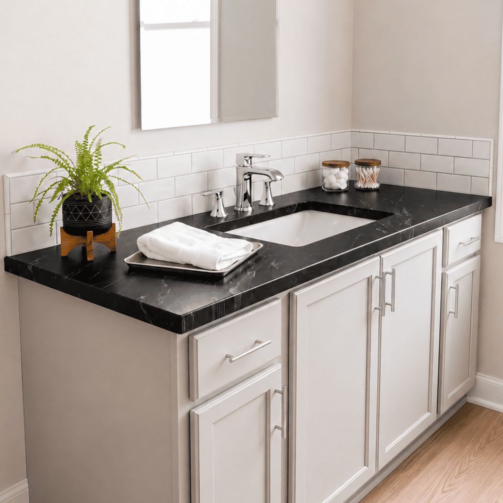 A modern bathroom vanity setup with white shaker-style cabinets, an epoxy black marble countertop, a white undermount sink, chrome faucet, and a folded white towel on the counter. A small potted green plant and two glass jars sit on the counter, with a white subway tile backsplash and beige walls behind.
