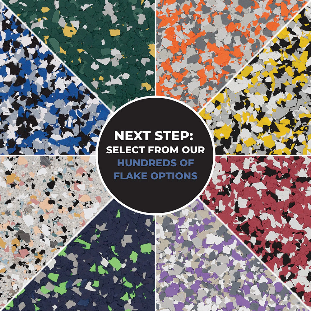 A graphic showing six different terrazzo-style floor flake patterns arranged around a central black circle with the text 'NEXT STEP: SELECT FROM OUR HUNDREDS OF FLAKE OPTIONS.' The patterns include green, blue, orange, yellow, beige, red, purple, and navy with black, white, and gray flecks.