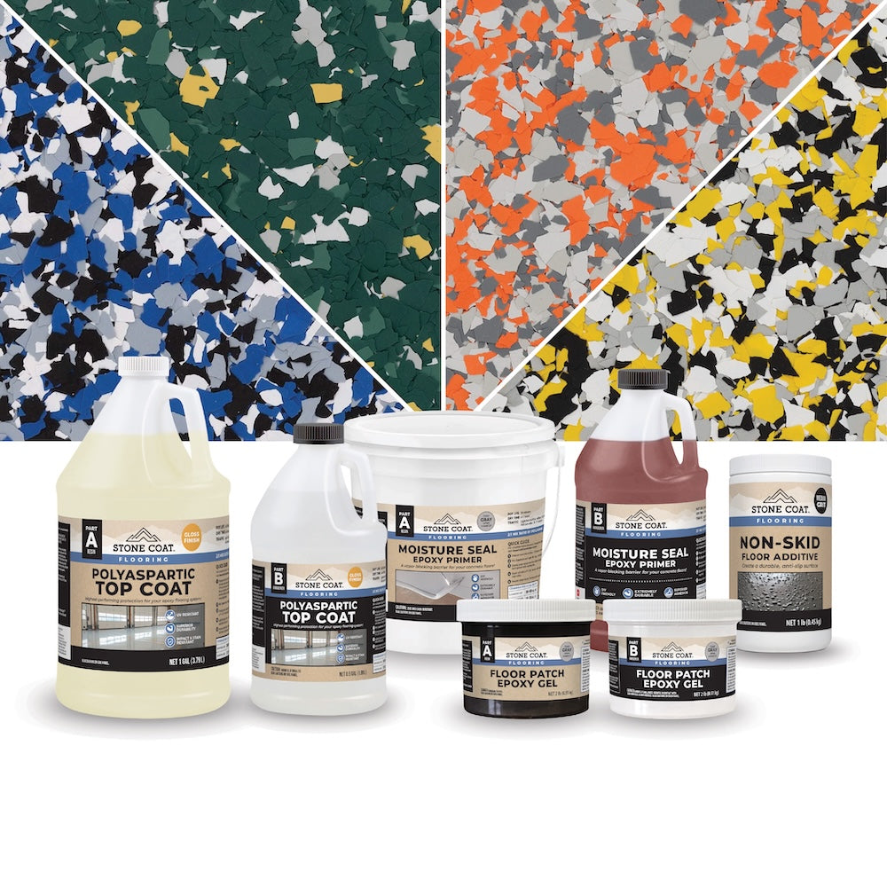 A product lineup of Stone Coat epoxy flake floor coatings and sealers, including Polyaspartic Top Coat, Moisture Seal, Non-Skid floor additive , and Floor Patch Epoxy Gel, displayed with their corresponding multi-colored color floor flakes in the background.