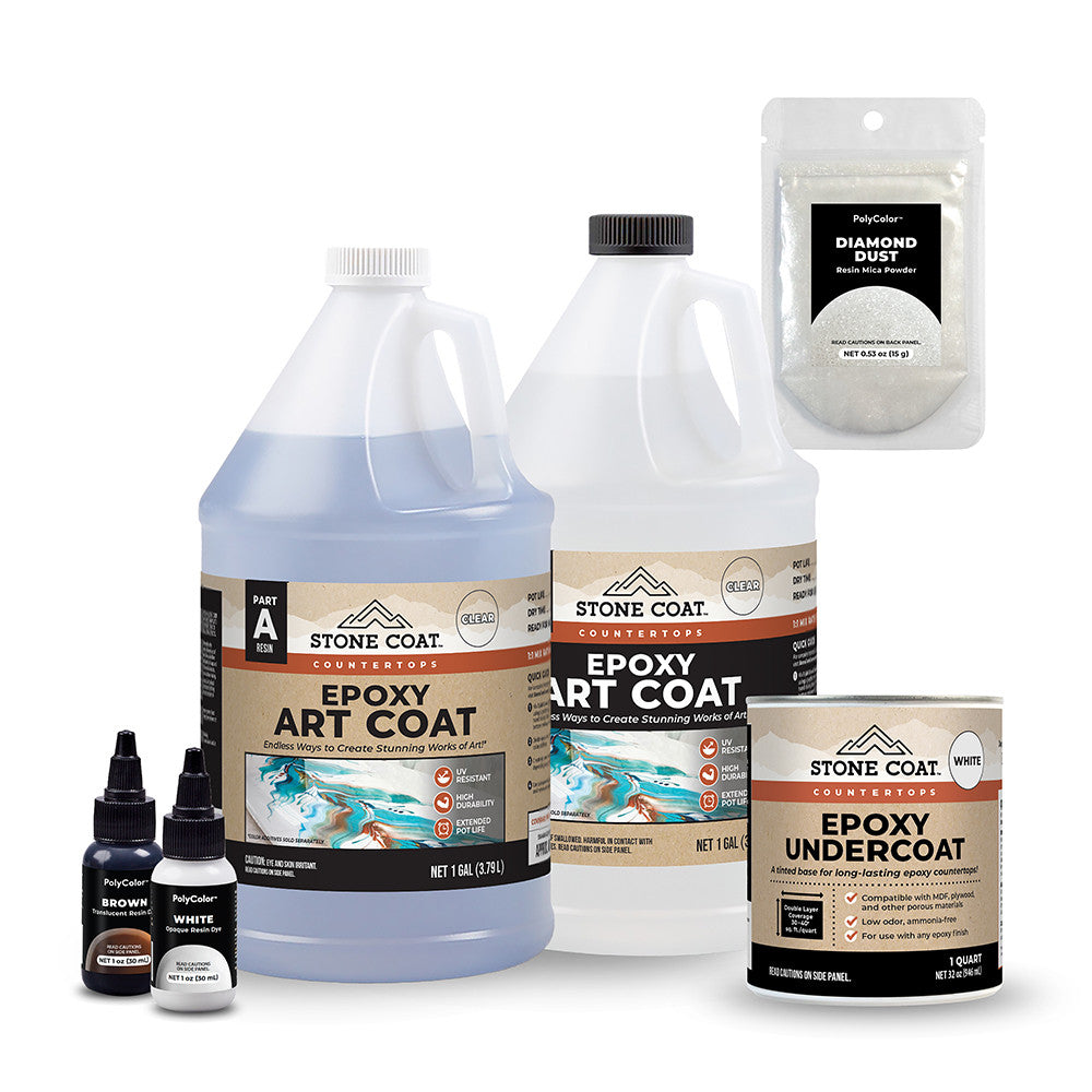 Discover the hassle-free Stone Coat Caramel Marble Epoxy Kit for creating stunning, realistic countertops with earthy tones. This all-inclusive kit offers vibrant liquid epoxy dyes, Diamond Dust Metallic Powder, and exceptional UV resistance for long-last