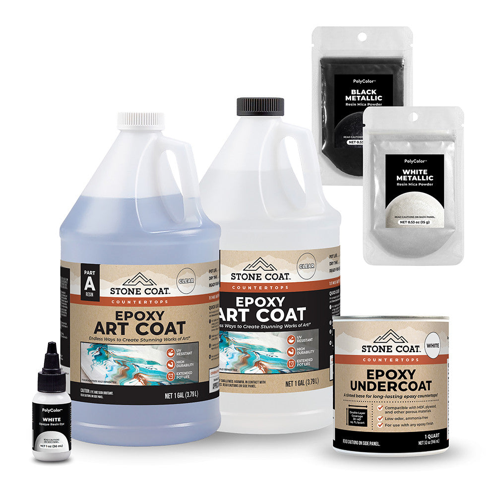 Two Gallons of Epoxy, White and Black Metallic Powder and Undercoat included in this Carrara Marble Kit