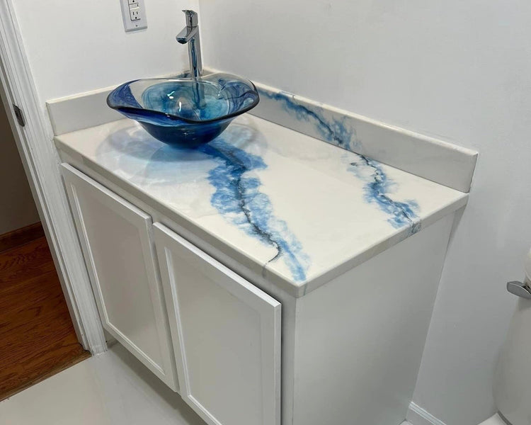 white and blue marble epoxy countertop