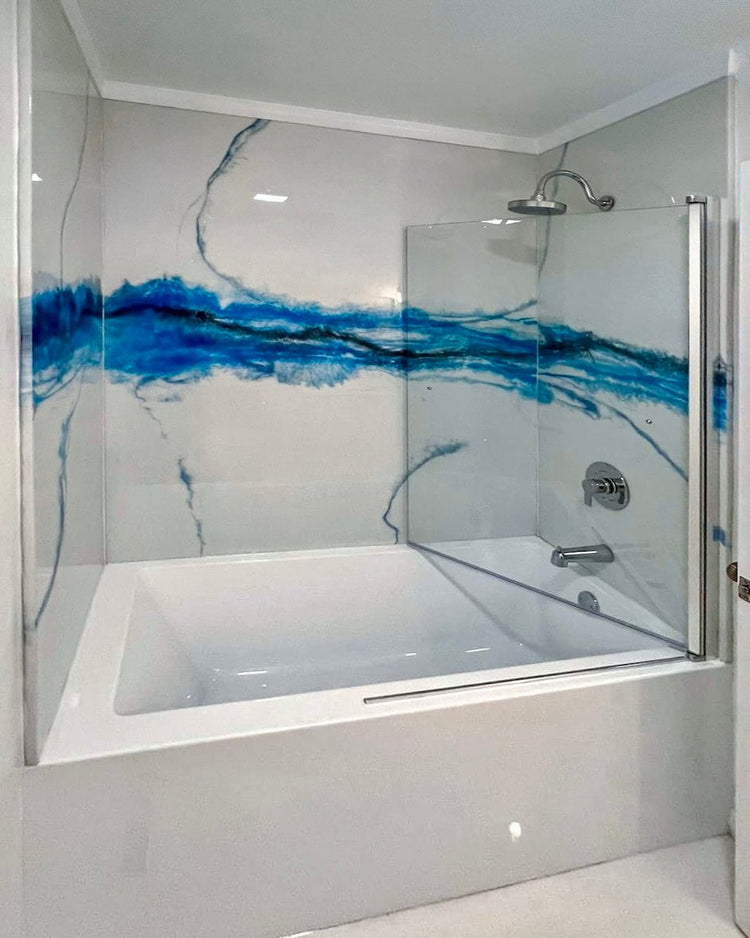 Blue and white marble epoxy shower panels