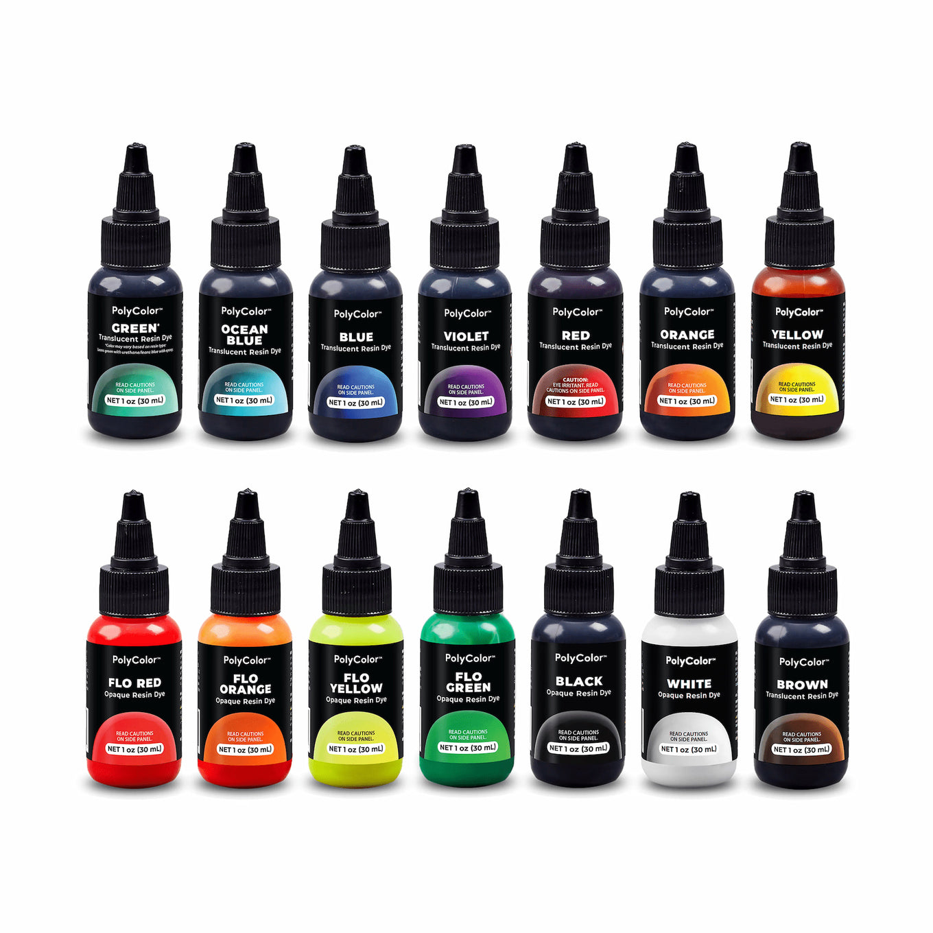 Collection of PolyColor 1oz dye bottles in various colors