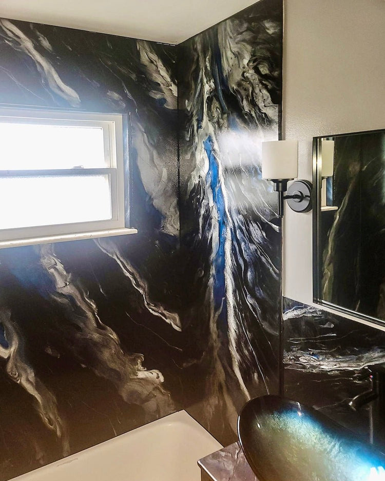 brown, black and blue epoxy resin shower walls