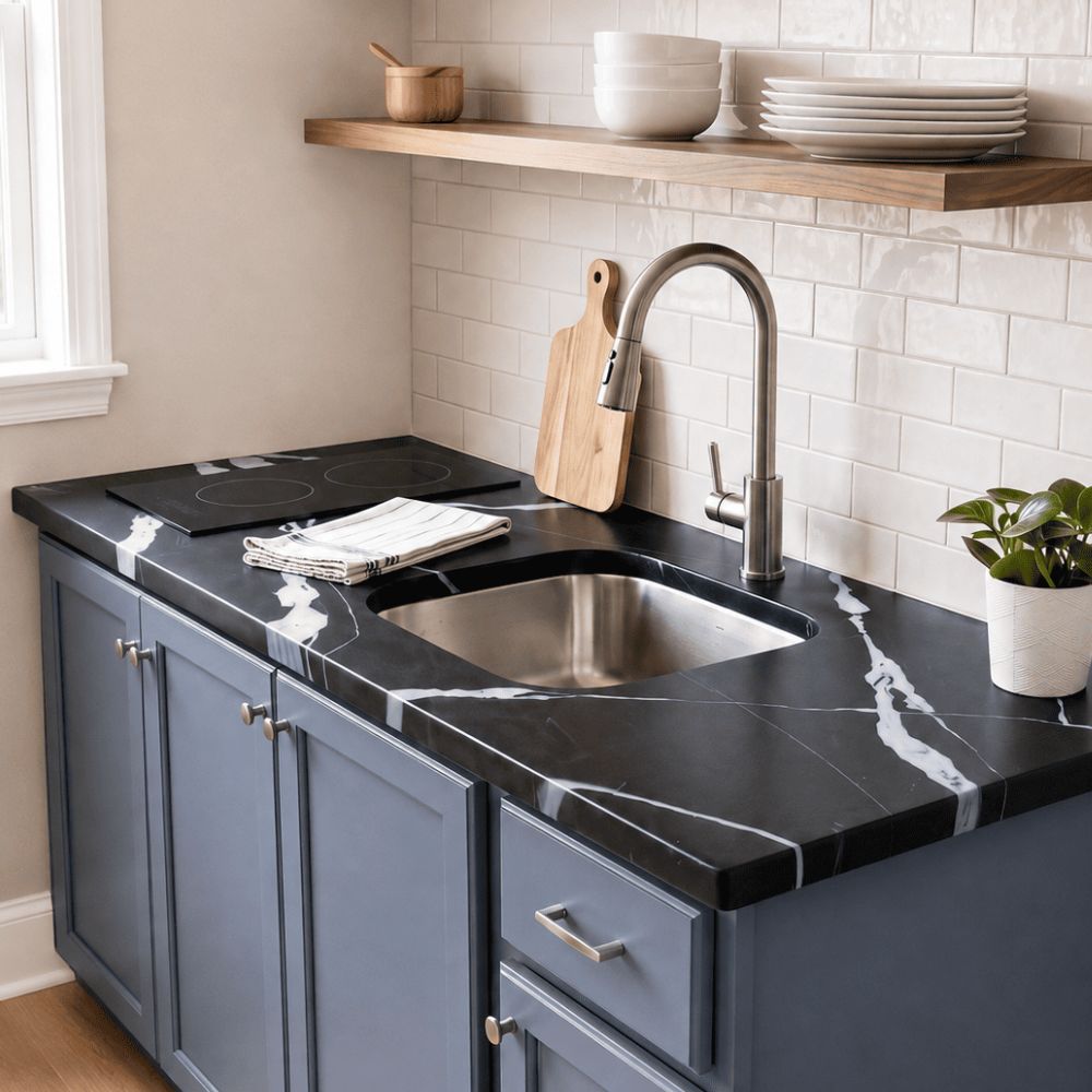 A modern kitchen setup featuring a black epoxy soapstone countertop with white veining, a stainless steel undermount sink, a curved gooseneck faucet, blue-gray cabinets, a white subway tile backsplash, and a wooden floating shelf with dishes.