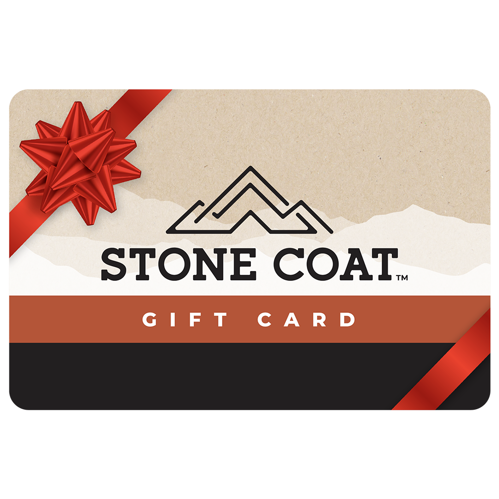 Stone Coat gift card with a red bow on a white background