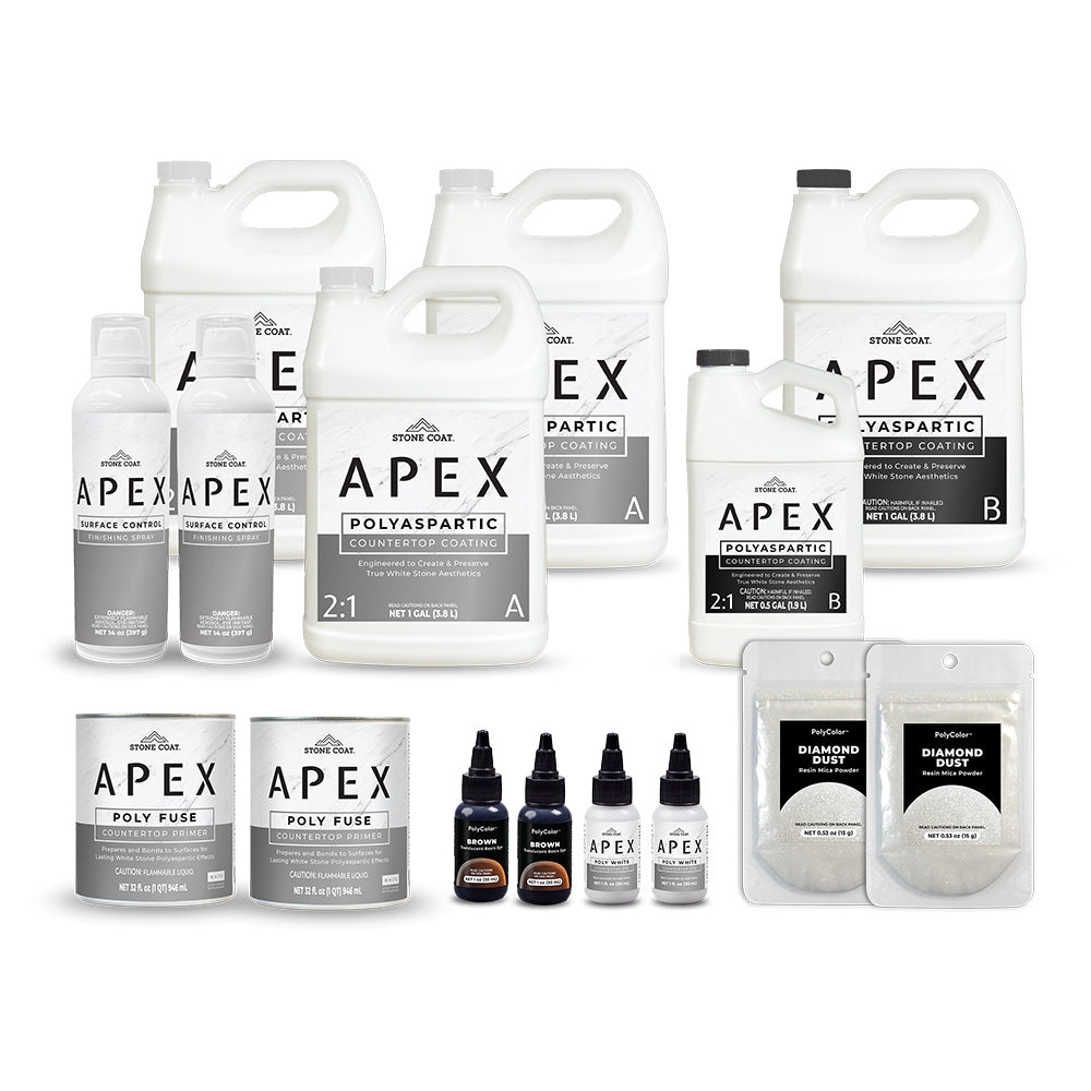 APEX Caramel Marble Countertop Kit with two 3-gallon coating kits and doubled primer, dyes, Diamond Dust, and finishing spray for 80 sq ft coverage