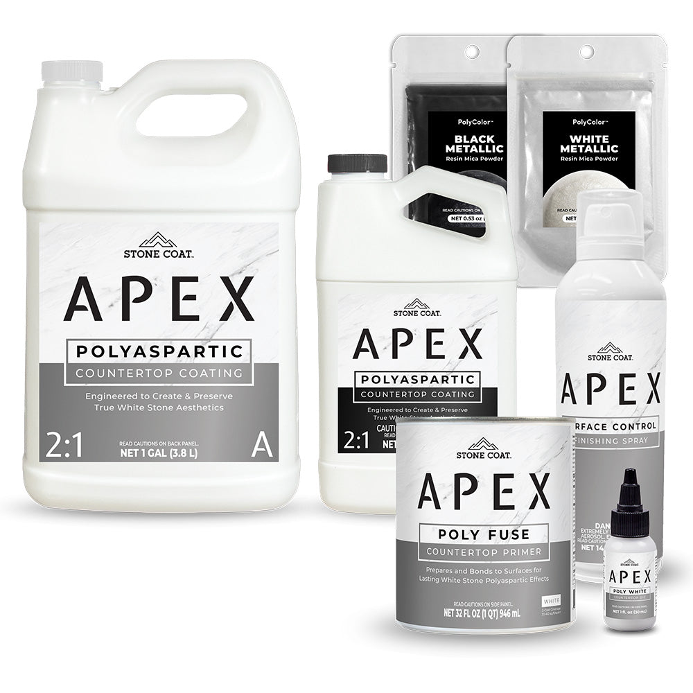 Collection of Stone Coat Carrara Marble Apex polyaspartic products on a white background for 20 sq ft coverage
