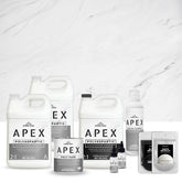 APEX Carrara Marble Polyaspartic Countertop Coating Kit in front of a carrara marble backdrop