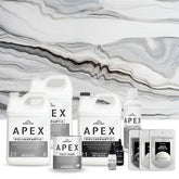 Collection of Apex counter top coating products on a white exotic marble background