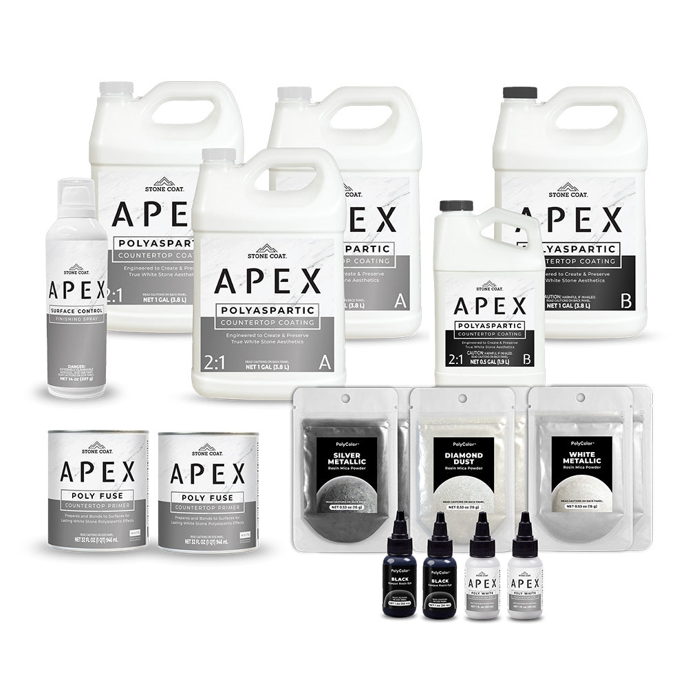 Collection of white exotic marble Apex polyaspartic coating kit products on a white background to cover 80 sq ft