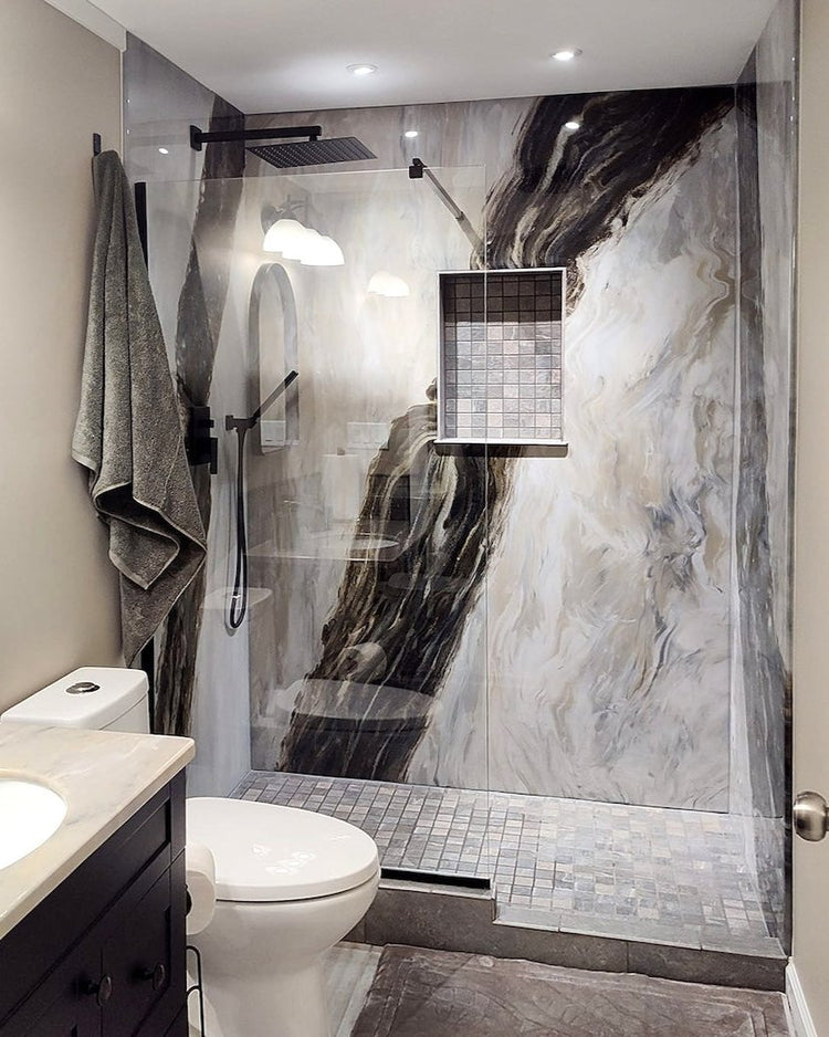 Gray and white marble epoxy shower