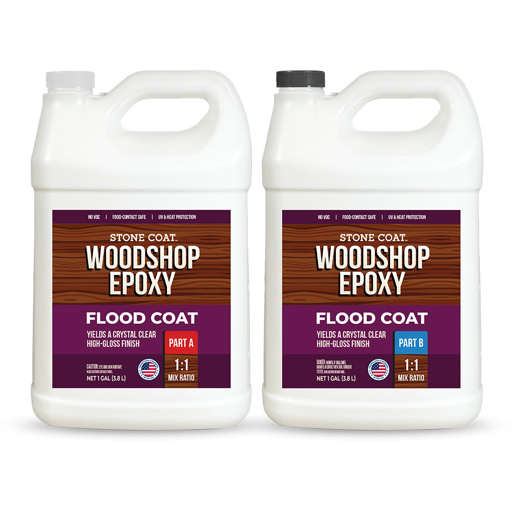 Two gallons of Stone Coat Woodshop Epoxy Flood Coat on a white background