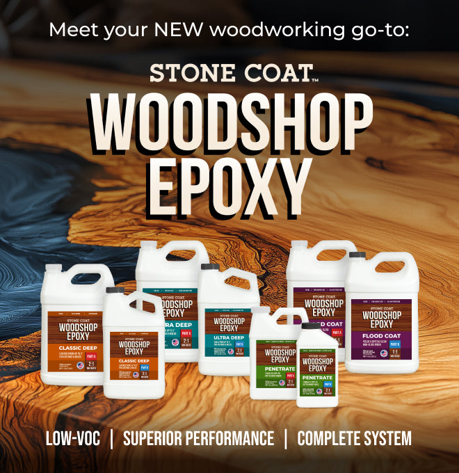 Image of Stone Coat Woodshop Epoxy with various product bottles on a wooden background.